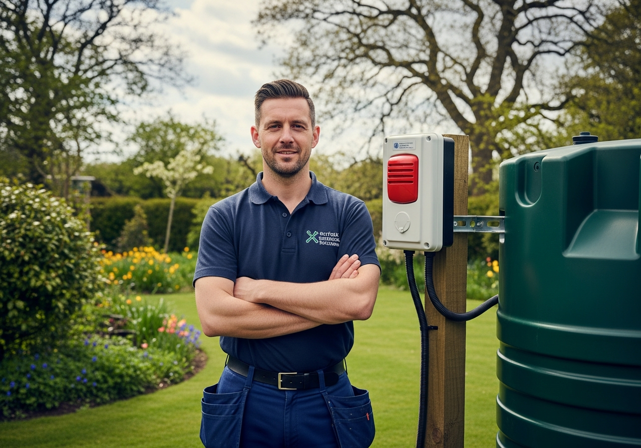 Dan, founder of Tank Alarm Pro and Kiniken Dynamics, beside a completed oil tank alarm installation
